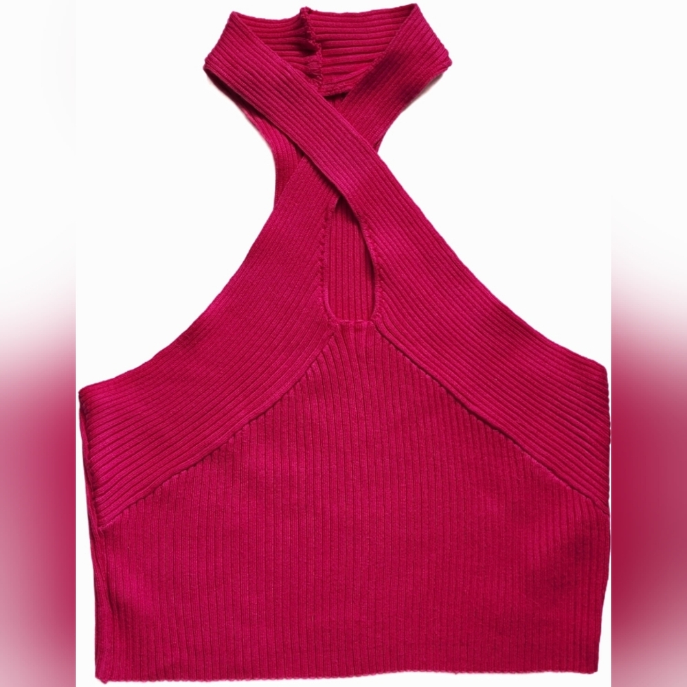 Hot Pink Ribbed Knit Halter Top